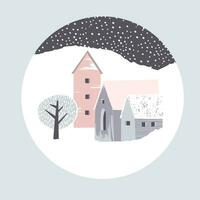 Winter Landschaft. schneebedeckt Häuser. runden Illustration. Vektor Vorlage