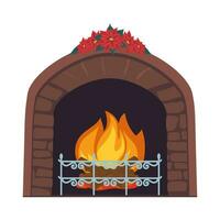 Innen- Kamin mit heiß Kohlen, Holz und hell Flammen, dekoriert mit Weihnachtsstern Blumen. Zuhause Stein Feuerstelle mit Verbrennung Feuer. Vektor Illustration.