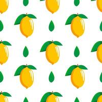 ljus gul saftig citroner med grön löv. sömlös modern mönster med tropisk frukt för textil- på en vit bakgrund. vektor. vektor