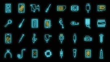 Handy, Mobiltelefon Telefon Instandhaltung Symbole einstellen Vektor Neon-