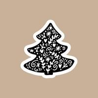 Weihnachtsschwarzer Vektoraufkleber mit nettem und lustigem Tannenbaum. handgezeichneter skandinavischer Abzeichencharakter für Notebook, Scrapbook oder Planer. flache grafik isolierte abbildung vektor