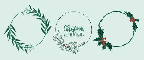 einstellen von Weihnachten Kranz mit Blätter, Beeren, Weihnachtsstern und Ast Zweige. Vektor Illustration. modern Design zum Ferien Einladung Karte, Poster, Banner, Gruß Karte, Postkarte, Verpackung, drucken.