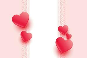 Lycklig hjärtans dag affisch kupong, 3d röd rosa hjärta, gyllene metall form, stjärna och bågar på reste sig bakgrund. vektor illustration. plats för text. gåva kort, kärlek fest, valentin försäljning flygblad design