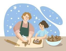 Oma und Enkelin bereiten Lebkuchen zusammen. Urlaub Vorbereitung, Weihnachten, Neu Jahr, Familie vektor