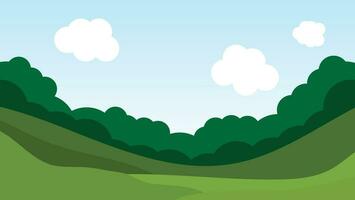 Landschaftskarikaturszene mit grünem Feld und weißer Wolke im Sommerhintergrund des blauen Himmels vektor