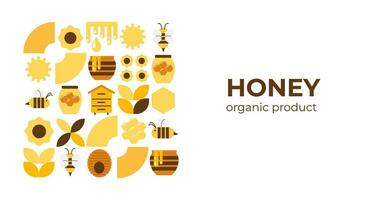 Banner, Poster mit Bienen, Honig, Waben, Bienenstock, Blumen. modern abstrakt Hintergrund. Bauhaus Stil Stil. Vektor Illustration von geometrisch Formen.