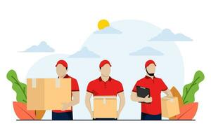 begrepp av uppkopplad snabb leverans eller kurir service, leverans person eller ung person leverera paket eller leverans lådor direkt till din Hem eller kontor, leverans av paket eller order. vektor
