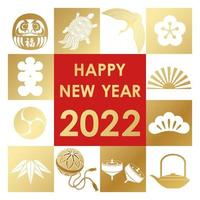 das jahr 2022 neue jahre vektorgrußsymbol mit japanischen vintage glücksbringern. vektor