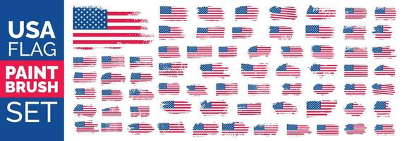 stor mega uppsättning av grunge oss flagga bläck borsta stroke effekt eller förenad stater av Amerika flagga med vattenfärg måla borsta stroke textur design. USA flagga måla borsta textur stor mega bunt. vektor