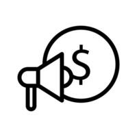 Marketing Kosten Vektor Linie Symbol. Geschäft Illustration ist ein Symbol von Marketing Strategie und Kosten die Ermäßigung. dünn Finanzen und Investition Symbol bedeutet Wachstum und visuell Darstellung Verwaltung Geld.