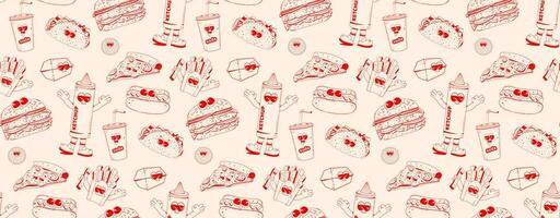 einstellen von schnell Essen Zeichen im retro linear Stil. Hamburger, Pizza, Limonade, hod Hund, Fritten. Gekritzel Illustration im retro Karikatur Stil. vektor
