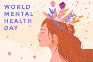 der Banner-Design-Welttag der psychischen Gesundheit. Illustration von weiblichen Köpfen mit Blumen handgezeichnet vektor