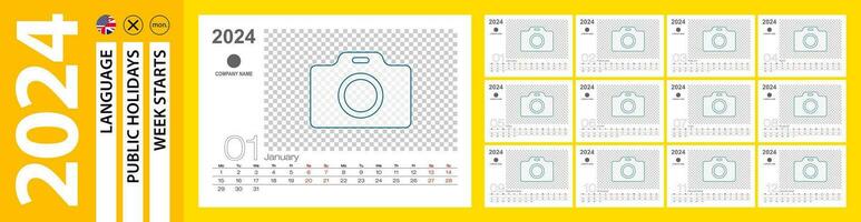 Schreibtisch Kalender zum 2024 Jahr, monatlich Kalender mit Platz zum Foto. Woche beginnt auf Montag. vektor