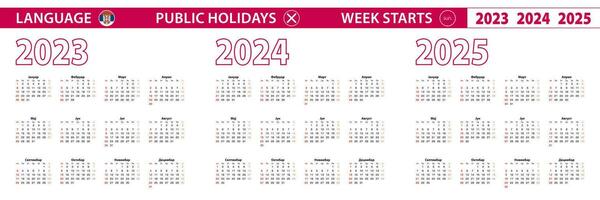 2023, 2024, 2025 Jahr Vektor Kalender im serbisch Sprache, Woche beginnt auf Sonntag.