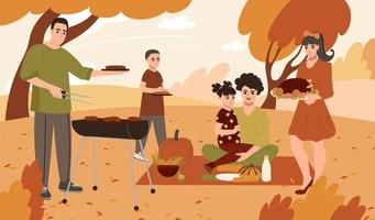 Eine große Familie feiert im Herbst bei einem Picknick im Park Thanksgiving. Eltern mit Kindern und Jugendlichen essen Truthahn und grillen im Freien. flache Vektorillustration vektor