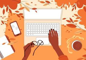 Draufsicht auf afroamerikanische weibliche Hände, die hinter einem Laptop auf dem Gras in einem Herbstpark arbeiten. flache Vektorgrafik von Freiberuflern im Freien vektor