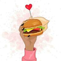 saftig appetitlich Burger im Hand Frauen modisch schnell Essen Illustration Vektor