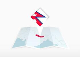 nepal är avbildad på en vikta papper Karta och fästs plats markör med flagga av nepal. vektor