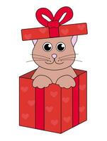 Karikatur Valentinstag Tag Katze Charakter. süß Kätzchen im rot Geschenk Box mit Herzen. Vektor eben Illustration.
