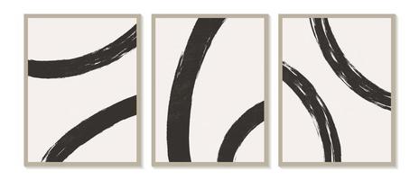 trendige zeitgenössische abstrakte Wandkunst, 3er-Set Boho-Kunstdrucke, minimale schwarze Formen auf Beige. Kreative geometrische minimalistische künstlerische handgemalte Komposition aus der Mitte des Jahrhunderts. vektor