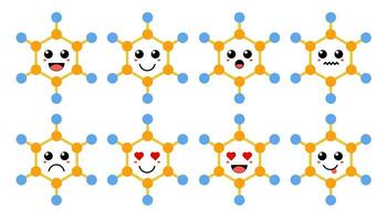 uppsättning av söt tecknad serie färgrik strukturera molekyl med annorlunda känslor. rolig känslor karaktär samling för ungar. fantasi tecken. vektor illustrationer, tecknad serie platt stil