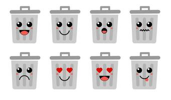 einstellen von süß Karikatur bunt Müll Behälter mit anders Emotionen. komisch Emotionen Charakter Sammlung zum Kinder. Fantasie Figuren. Vektor Illustrationen, Karikatur eben Stil