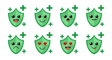 uppsättning av söt tecknad serie färgrik grön skydda med annorlunda känslor. rolig känslor karaktär samling för ungar. fantasi tecken. vektor illustrationer, tecknad serie platt stil