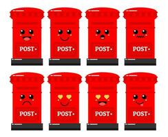 einstellen von süß Karikatur bunt Post Box mit anders Emotionen. komisch Emotionen Charakter Sammlung zum Kinder. Fantasie Figuren. Vektor Illustrationen, Karikatur eben Stil