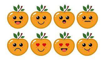einstellen von süß Karikatur bunt Orange Pfirsich Obst mit anders Emotionen. komisch Emotionen Charakter Sammlung zum Kinder. Fantasie Figuren. Vektor Illustrationen, Karikatur eben Stil
