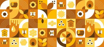 Hintergrund mit Bienen, Honig, Waben, Bienenstock, Blumen. modern abstrakt Banner. Bauhaus Stil Stil. Vektor Illustration von geometrisch Formen.