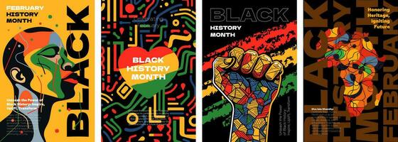svart historia månad abstrakt grafisk affisch uppsättning. afrikansk amerikan rättigheter och frihet fira i februari. kreativ plakat med näve. konst design afrika och man på färgrik skriva ut. vektor eps banderoller