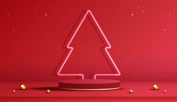 Podium gestalten zum Show kosmetisch Produkt Anzeige zum Weihnachten Tag oder Neu Jahre. Stand Produkt Vitrine auf rot Hintergrund mit Baum Weihnachten, golden Ball und Licht. Vektor Design.