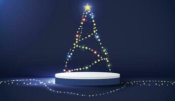Podium gestalten zum Show kosmetisch Produkt Anzeige zum Weihnachten Tag oder Neu Jahre. Stand Produkt Vitrine auf Blau Hintergrund mit Licht Baum Weihnachten. Vektor Design.