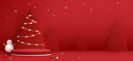 podium form för visa kosmetisk produkt visa för jul dag eller ny år. stå produkt monter på röd bakgrund med träd jul. vektor design.