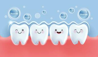 Fluorid Schild verhindert Zähne zerfallen und hilft stärken Zahnfleisch. Zähne Charakter zum Kinder. süß Zahnarzt Maskottchen zum medizinisch Apps, Websites und Krankenhaus. Vektor Design.