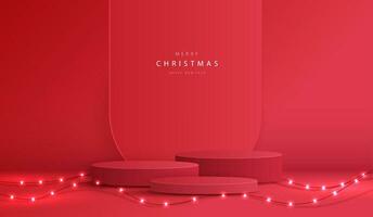 podium form för visa kosmetisk produkt visa för jul dag eller ny år. stå produkt monter på röd bakgrund med belysning jul. vektor design.