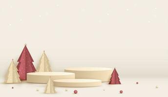 Podium gestalten zum Show kosmetisch Produkt Anzeige zum Weihnachten Tag oder Neu Jahre. Stand Produkt Vitrine minimal auf Sahne Hintergrund mit Baum Weihnachten. Vektor Design.