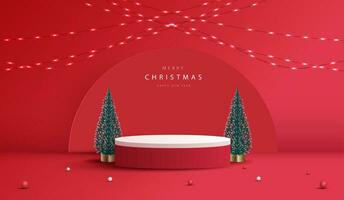 Podium gestalten zum Show kosmetisch Produkt Anzeige zum Weihnachten Tag oder Neu Jahre. Stand Produkt Vitrine auf rot Hintergrund mit Baum Weihnachten, golden Ball und Licht. Vektor Design.