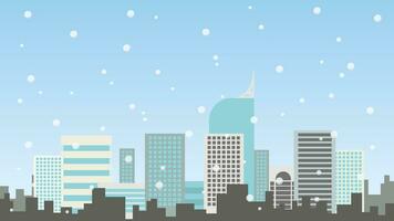 Winter Stadt Gebäude Vektor Illustration. städtisch die Architektur Hintergrund, Wolkenkratzer, Winter Stadt, schneit Hintergrund im eben Design Stil