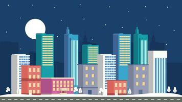 modern natt stad byggnader vektor illustration. urban arkitektur bakgrund, skyskrapor, hus, vägar, och träd. natt stad landskap. tapeter i tecknad serie stil och platt design