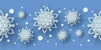 vinter- sömlös mönster med papper skära snöflingor. jul design 3d illustration på blå färgad bakgrund för presentation, baner, omslag, webb, flygblad, kort, försäljning, affisch och social media vektor