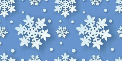 vinter- sömlös mönster med papper skära snöflingor. jul design 3d illustration på blå färgad bakgrund för presentation, baner, omslag, webb, flygblad, kort, försäljning, affisch och social media vektor