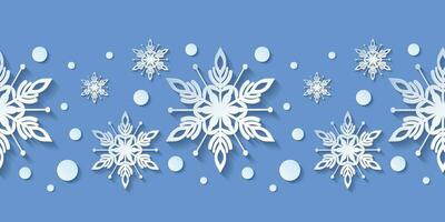 Winter nahtlos Muster mit Papier Schnitt Schneeflocken. Weihnachten Design 3d Illustration auf Blau farbig Hintergrund zum Präsentation, Banner, Abdeckung, Netz, Flyer, Karte, Verkauf, Poster und Sozial Medien vektor