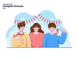 ung grupp människor firar indonesisk ungdomslöfte eller sumpah pemuda den 28 oktober illustration. kan användas för gratulationskort, banner, affisch, webb, vykort, sociala medier. vektor