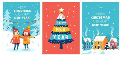 en uppsättning av jul kort. ett elegant jul träd, barn i vinter- och hus i snödrivor. platt, tecknad serie vektor