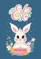 söt påsk kanin i tecknad serie stil. äng blommor, regn. årgång text. barns karaktär i pastell färger för affisch, t-shirt, baner, kort, omslag vektor
