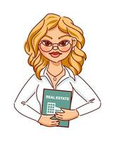 Makler Mädchen. ein erfolgreich blond Geschäftsfrau im Brille hält ein echt Nachlass Mappe mit Bilder von Gebäude im ihr Hände. Vektor Illustration im Karikatur Stil. zum Webseite, Flyer, Banner, Design