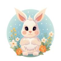 söt påsk kanin i tecknad serie stil. äng blommor, regn. barns karaktär i pastell färger för affisch, t-shirt, baner, kort, omslag vektor