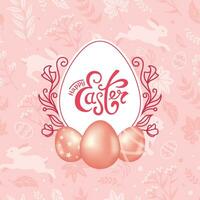 glücklich Ostern. Platz Rosa Banner, glänzend Schokolade Eier im realistisch Stil, Frühling Blumen, Kaninchen. Jahrgang Beschriftung. Vektor Illustration zum Poster, Karten, Banner, Stoff Drucken. Christus ist auferstanden
