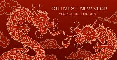 kinesisk drakar stridande i de moln. ny år av de trä- drake. baner med guld antik mönster, asiatisk stil. ljus horisontell vektor baner. årgång font. för affisch, flygblad.